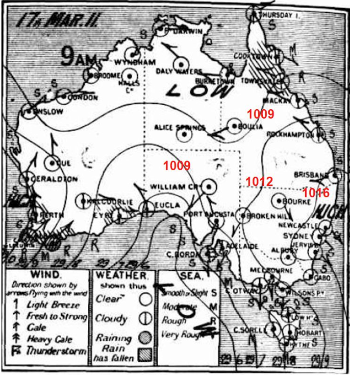 Sea level analyses from Sydney Morning Herald for 9am, March 17, 1911